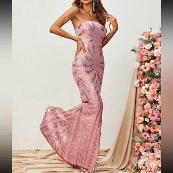 Backless pink open back mermaid hem party formal sequins dress - Picture 5 of 7